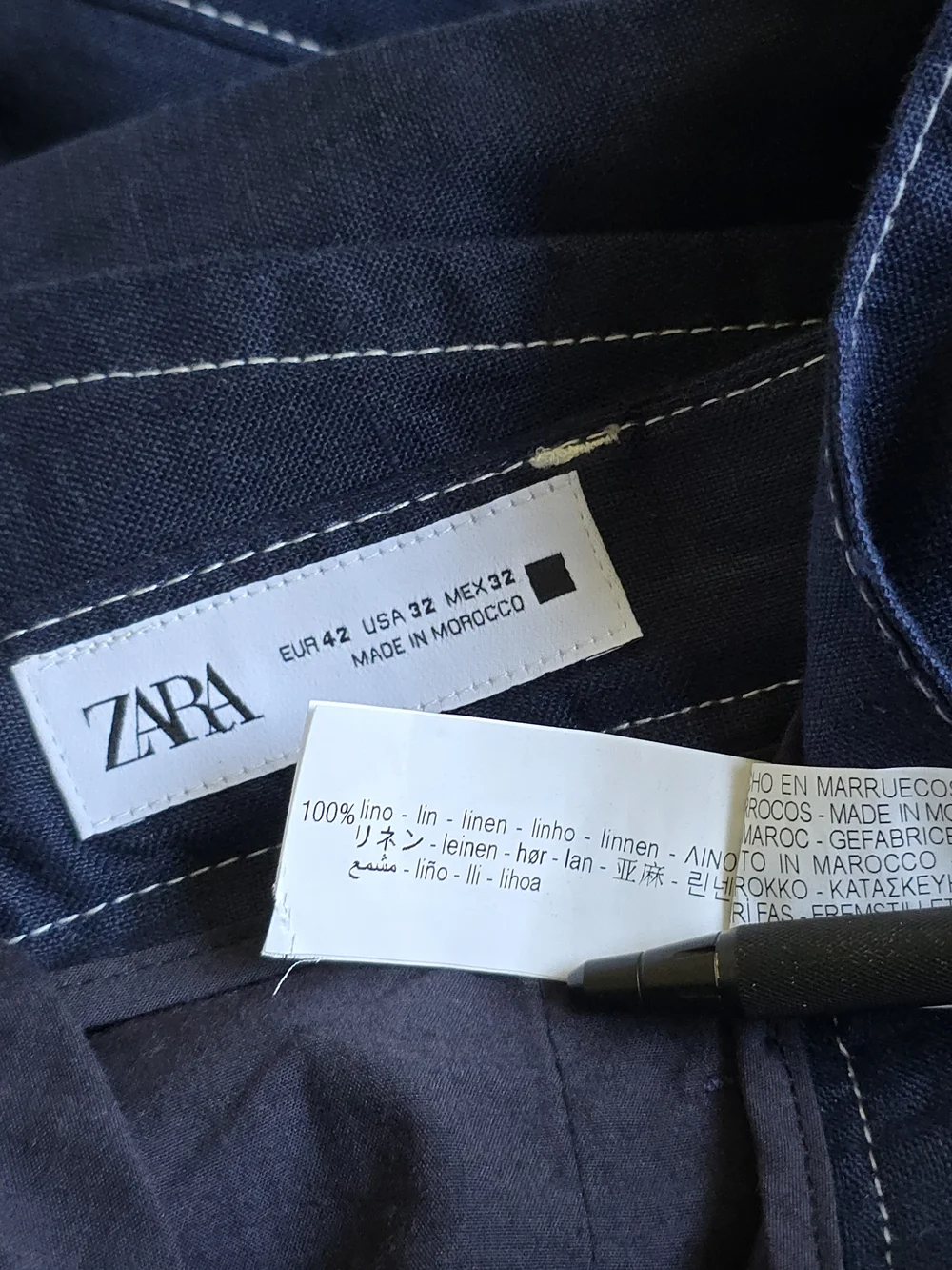 Zara Contrast Stitch 100% Linen Pants Men's Size 32 Navy